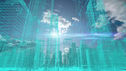 Futuristic city skyline, artificial intelligence, internet of things, aerial Stock Footage 255341076