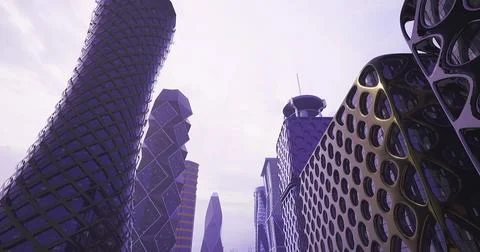 Futuristic city skyline featuring unique modern architecture at dusk Stock Illustration