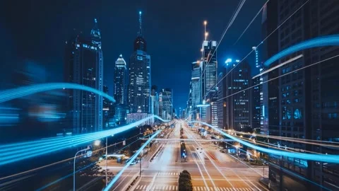 "Futuristic City Skyline with Light Trails at Night" Stock Footage 317246439