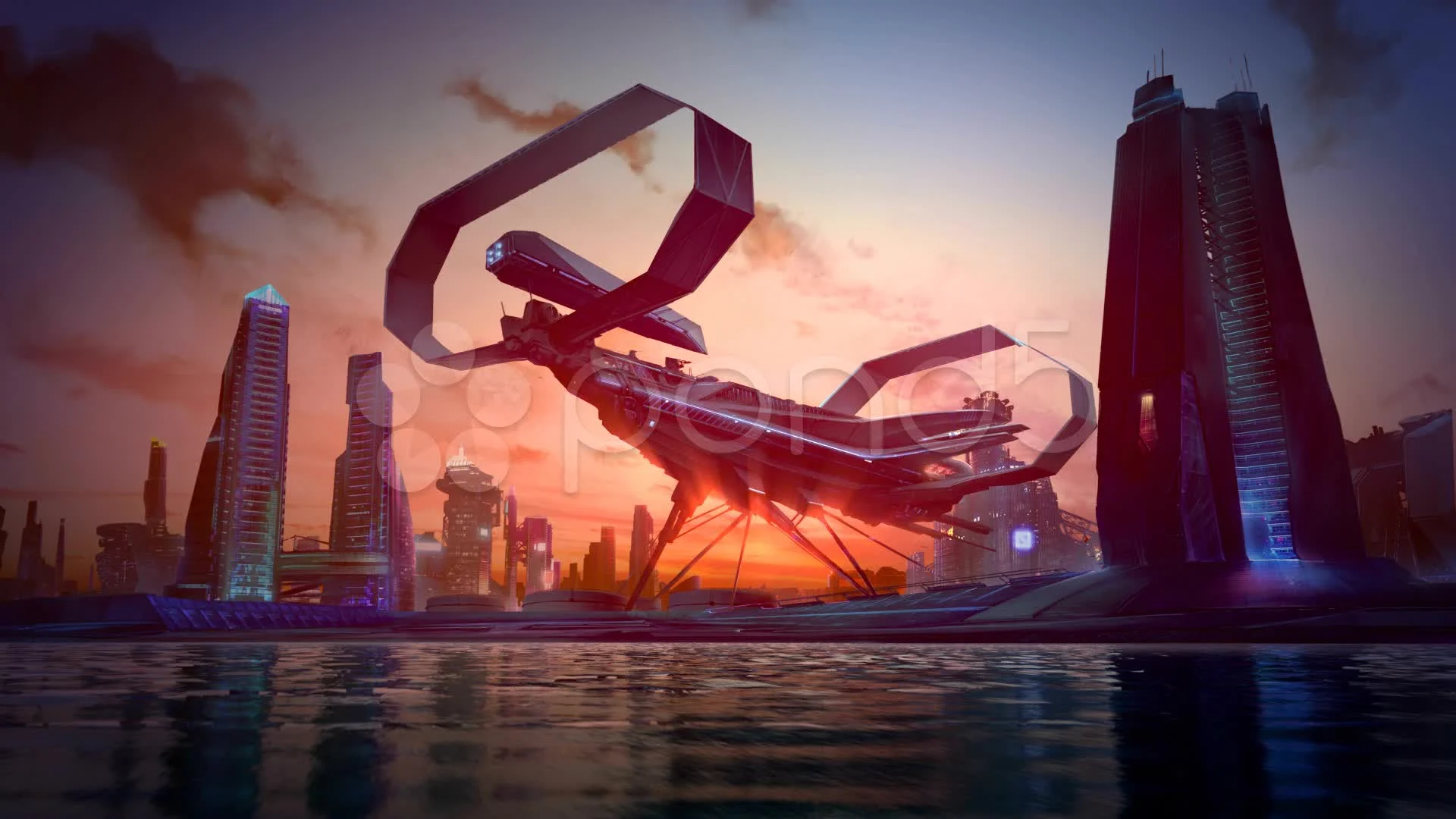 Futuristic City Skyline spaceship sci-fi... | Stock Video | Pond5