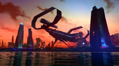Futuristic City Skyline spaceship sci-fi aliens concept art technology skyscrape Stock Footage