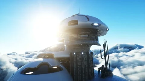 Futuristic city station on the clouds. Flying futuristic ships. Concept of Vídeos de archivo 145932136