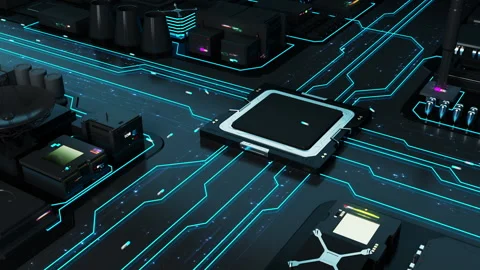 Futuristic City stylized as computer components and microchips. 3D animation  库存影片 224016946