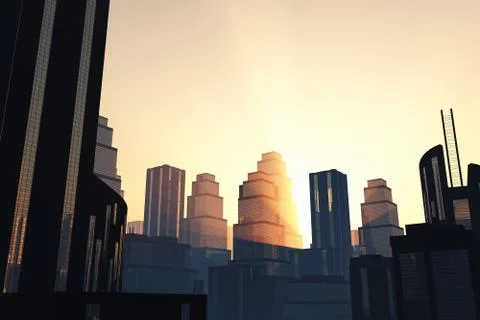 Futuristic City sunset lightrays Stock Illustration