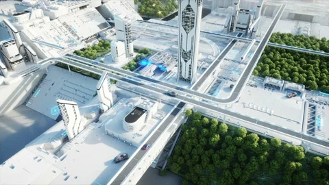 Futuristic city, town. The concept of the future. Aerial view. Realistic 4k Stock Footage 89983121
