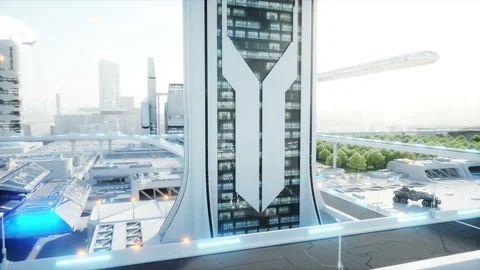 Futuristic city, town. The concept of the future. Aerial view. Realistic 4k Stock Footage 89983354