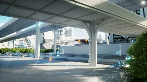 Futuristic city, town. The concept of the future. Aerial view. Realistic 4k Stock Footage 89983463