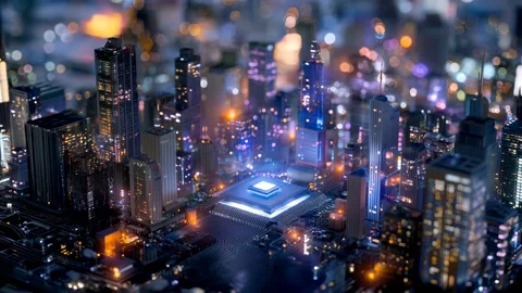 Futuristic cityscape built from microchips and circuits. A digital world Video stock 315960518
