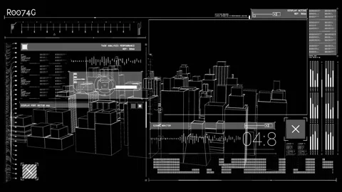 Futuristic cityscape with data analysis and performance metrics animation Stock Footage 305366684