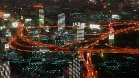 Futuristic Cityscape with Digital Elements Stock Footage 318938527