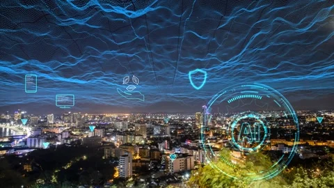 Futuristic Cityscape with Digital Overlay Representing Technology and Conne.. Stock Footage 332700645