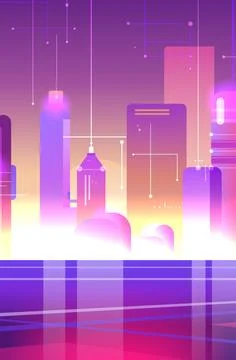 Futuristic cityscape digital technology buildings gradient colors abstract Ilustración de archivo