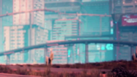 Futuristic Cityscape With Glowing Lights and Blurred Figures on the Road Stock Footage 344545646