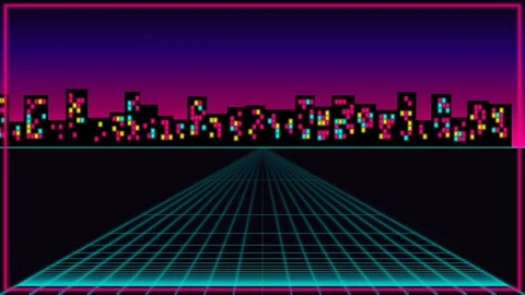 Futuristic Cityscape Motion with Neon Grid and Digital Skyline in Retro Style 库存影片 342568267