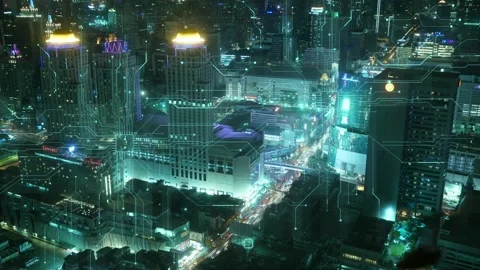 Futuristic Cityscape at Night with Digital Overlay Effects Stock Footage 315975281