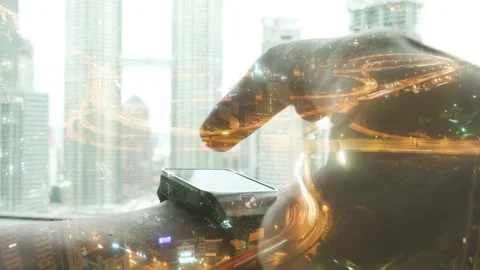 Futuristic Cityscape with Smartwatch Display Stock Footage 315781748