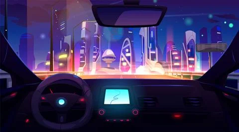 Futuristic cityscape view from inside car Stock Illustration