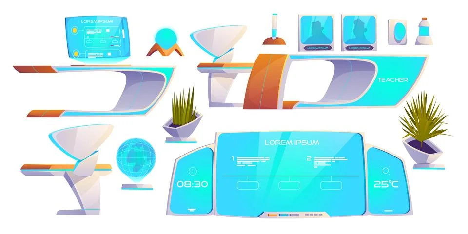 Futuristic classroom stuff set. Modern supplies Stock Illustration