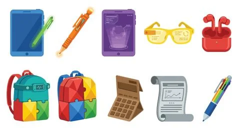 Futuristic classroom tools and high tech educational equipment illustration. Illustrazione stock