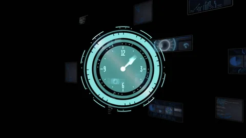 Futuristic clock animation with digital interface elements on dark background Stock Footage 304160156