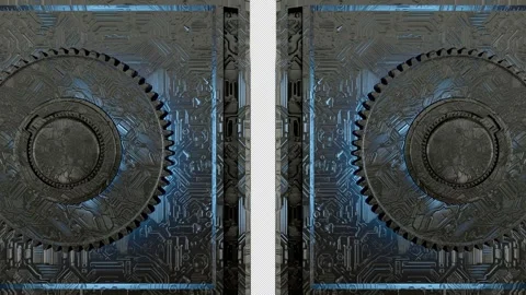 Futuristic closing and opening gates with rotating gear Видео 254089005