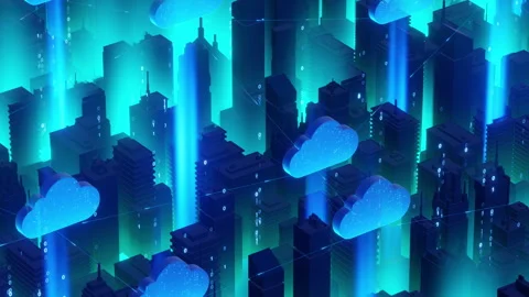 Futuristic Cloud Computing Cityscape with Data Streams Stock Footage 276587620