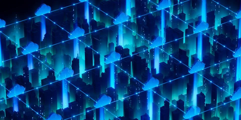 Futuristic Cloud Computing Cityscape with Data Streams Stock Photos