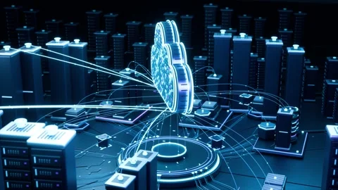 Futuristic Cloud Computing Data Center with Glowing Network Connections Vídeo Stock 346145149