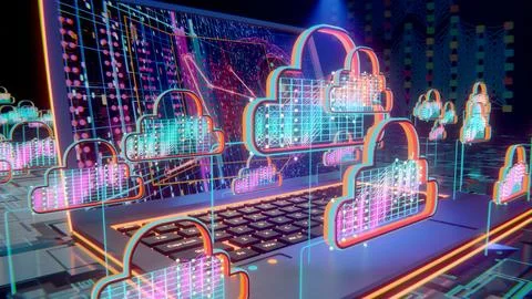 Futuristic Cloud Computing Network with Glowing Icons Above Laptop Keyboard in Stock Illustration