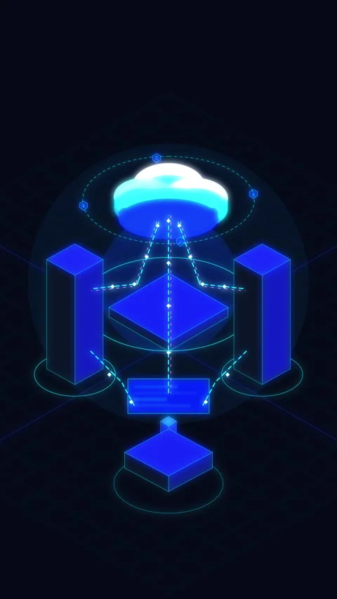 Futuristic cloud server loop animation showing data transfer and hub Stock Footage 346632308