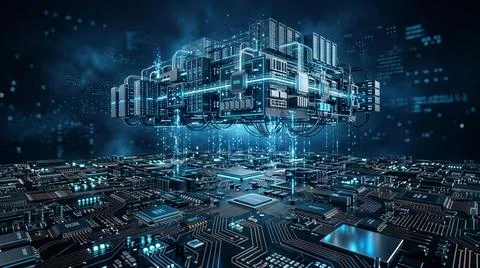 A futuristic cloud server structure hovers above a glowing motherboard with Stock Photos