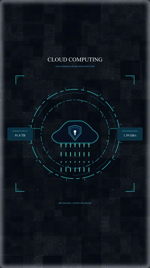 Futuristic cloud storage interface with digital data transfer, HUD security.. Video stock 348334537