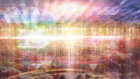 Futuristic Cloudscape with Rainbow Light Rays and Geometric Chaos Stock Footage 112749533