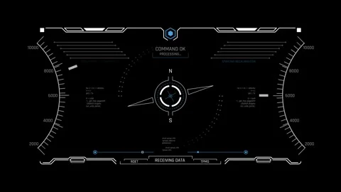Futuristic Cockpit Targeting HUD With Compass Reticle And System Status Display Stock Footage 344951618