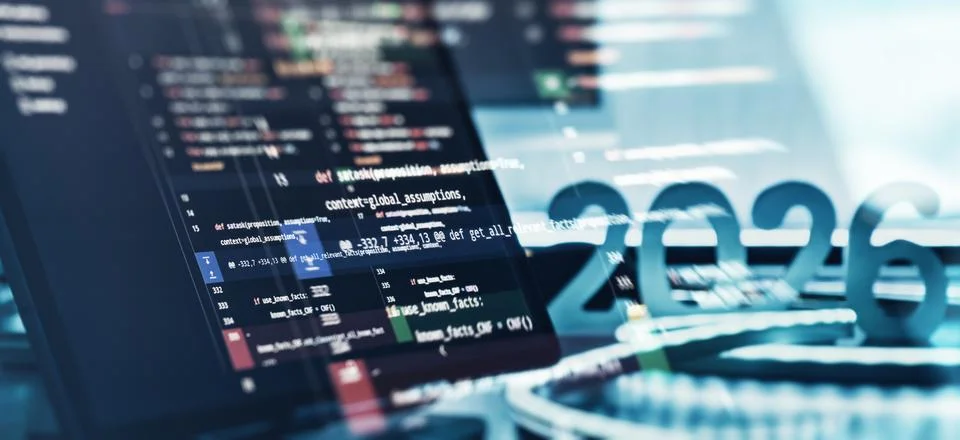 Futuristic Code Diff Interface with 2026 Numerals and Glowing Neon Desk Setup Stock Photos