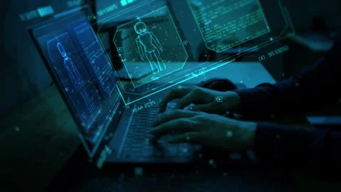 Futuristic Coding in Dark Room with Holographic Displays Stock Footage 339131936
