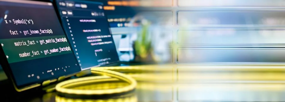 Futuristic Coding Workspace with Glass UI Panels and Neon Cable Light, Soft.. Stock Photos