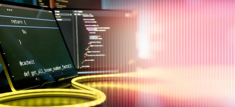 Futuristic Coding Workspace with Warm Neon Light Trails and Vertical Gradient Stock Photos