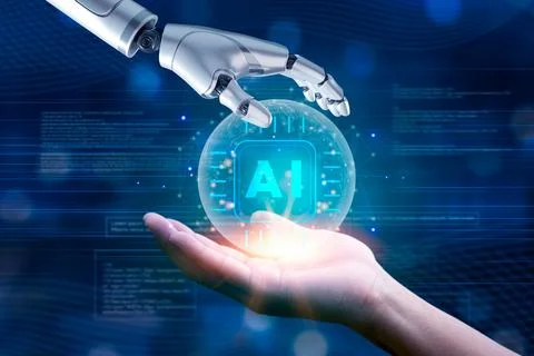 Futuristic Collaboration Human and Robot Hands Touching AI artificial intel.. Stock Photos