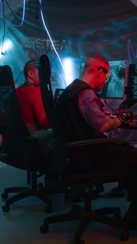 Futuristic Colleagues Leaving Workspace with Coding Screens when Alarm Ringing Stock Footage 327637986