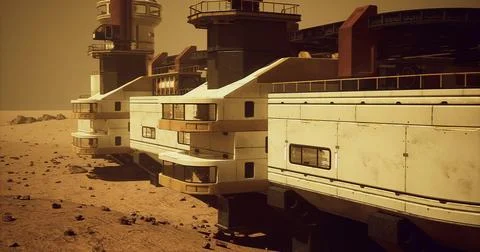 Futuristic colony structure on a distant desert planet landscape 스톡 일러스트