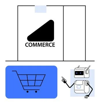 Futuristic Commerce Concept Featuring Shopping Cart and AI Robot Ilustración de archivo