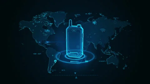 Futuristic Communication Device Overlay on Digital World Map in Blue Tones 库存影片 342718590