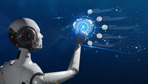 Futuristic Communication: Robot Hand Voice Chat with Social Icons and Binar.. Stock Illustration