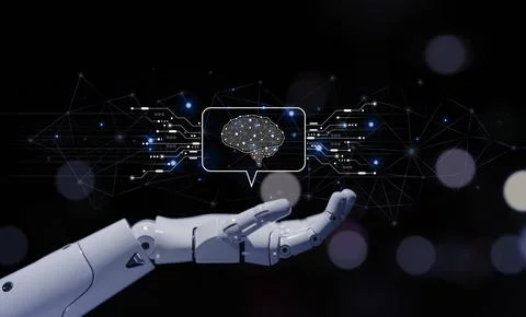 Futuristic Communication: Robot Hand Voice Chat with Social Icons and Binar.. Illustrazione stock