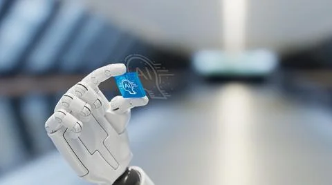 Futuristic Communication: Robot Hand Voice Chat with Social Icons and Binar.. Stock Illustration