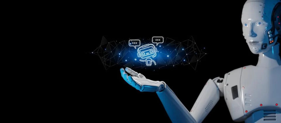 Futuristic Communication: Robot Hand Voice Chat with Social Icons and Binar.. Stock Illustration