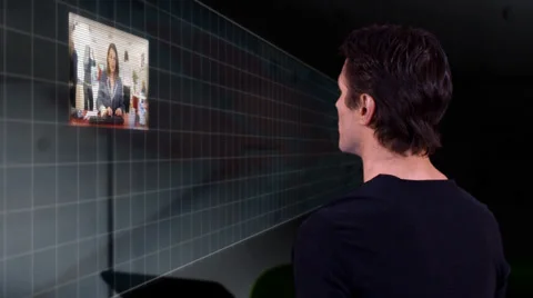 Futuristic communications - handsome man interacting with futuristic touch Stock Footage 32718070
