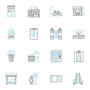 Futuristic communities linear icons set. Utopian, Dystopian, Technological, Eco Stock Illustration