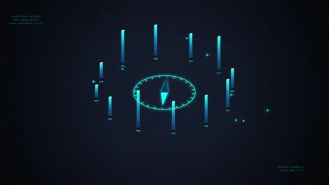 Futuristic Compass Navigation HUD Interface with Blue Glowing Elements on D.. Stock Footage 348572209